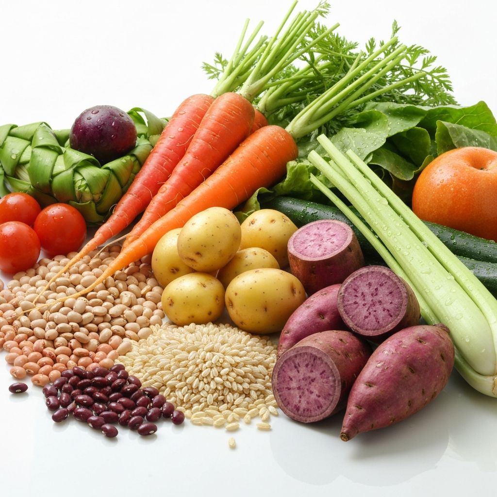 Prebiotic fiber-rich foods including roots, fruits, and vegetables